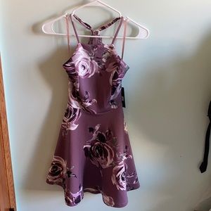 Purple floral lace open back dress